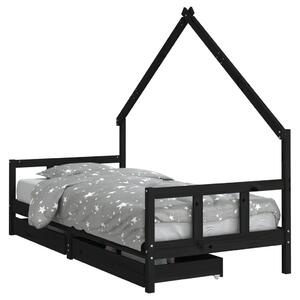Cadru de pat copii cu sertare, negru, 90x190 cm, lemn masiv pin