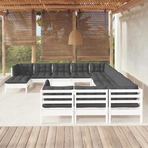 Set mobilier de grădină cu perne, 13 piese, alb, lemn de pin