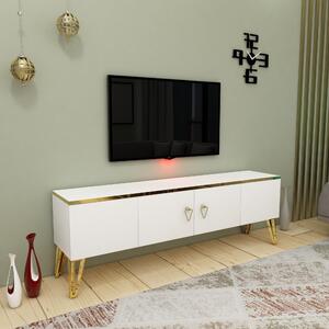 Comoda TV cu 4 usi Caprice, alb/auriu, pal melaminat, 150x31,4x50 cm