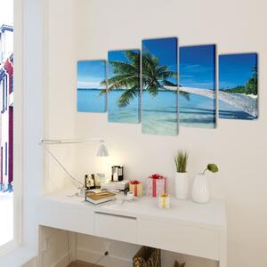 Set tablouri imprimate de pânză, plajă nisip cu palmier, 200 x 100 cm