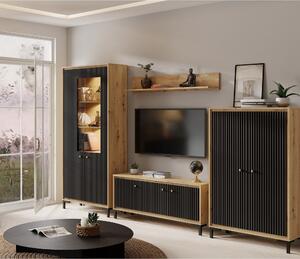 Mobilier living PARII A, negru/stejar artisan, PAL/sticla, cu iluminar