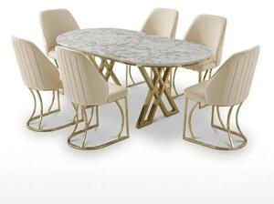 Set Masă și 6 Scaune Milano, Stil Elegant, Detalii Aurii, 90x180 cm, Blat Marmorat Alb,Gray