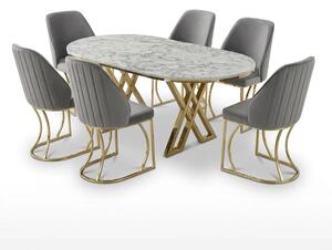Set Masă și 6 Scaune Milano, Stil Elegant, Detalii Aurii, 90x180 cm, Blat Marmorat Alb,Gray
