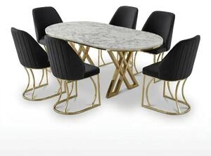 Set Masă și 6 Scaune Milano, Stil Elegant, Detalii Aurii, 90x180 cm, Blat Marmorat Alb,Gray
