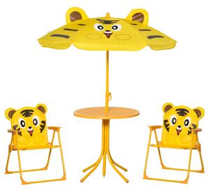 Outsunny Set de Grădină 4 Piese pentru Copii cu Model Tigru și Măsuță Rotundă, 2 Scaune Pliabile și o Umbrelă Reglabilă, Măsuță cu Scaune pentru Copii 3-6 Ani de Exterior, Galben | Aosom Romania