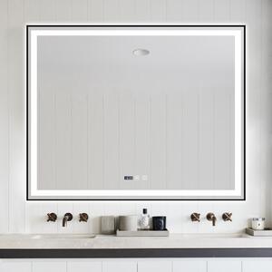 Oglindă Baie LED și Dezaburire Elit's Premium cu Senzor Touch, Lumina Rece, Caldă și Neutră, 120x80 cm, cu rama Negru Antichizat, Ceas