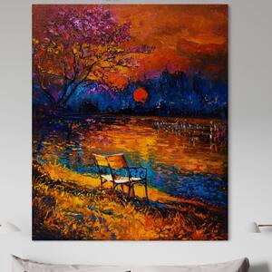 Tablou Canvas Premium LuxCanva® B1127, Apus Pe Lac , Culori, Lac, Banca, Living Room, Apus, Inspirational, Dormitor, Culori Vibrante