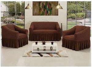 Set 3 Huse Elastice pentru Canapea de 3 Locuri + 2 Fotolii, Model Creponat Maro