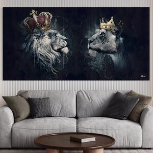 Tablou Canvas Premium LuxCanva® B1091, Leu Si Leoaica , Living, Familie, Portret, Leu, Leoaica, Dormitor, Safari, Coroana, Negru Si Auriu