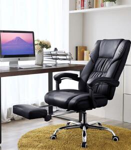 Scaun de birou directorial, reglabil, suport pentru picioare, perna lombara, piele ecologica, Negru
