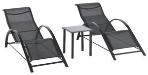 Outsunny Set 2 sezlonguri si masuta cu blat din sticla, sezlong pentru gradina din material respirabil si metal, 59x169x66 cm, negru