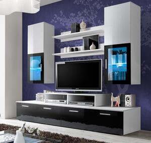 Mobilier living sufragerie moderna, 200 cm lungime, alb lucios negru lucios alb, mdf, led, vitrina neagra, Bortis