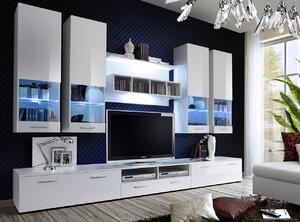 Mobilier living sufragerie moderna, 300 cm lungime, alb lucios alb, mdf, led, vitrina, Bortis