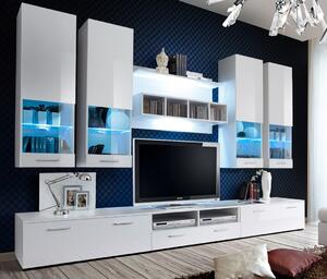 Mobilier living sufragerie moderna, 300 cm lungime, alb lucios alb, mdf, led, vitrina, Bortis