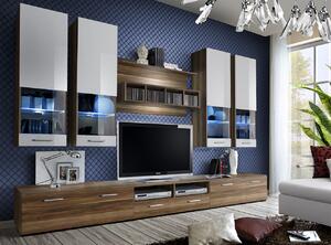 Mobilier living sufragerie moderna, 300 cm lungime, alb lucios nuc,pvc, abs, led, vitrina