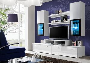 Mobilier living sufragerie moderna, 200 cm lungime, alb lucios alb, mdf, led, vitrina neagra, Bortis