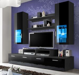 Mobilier living sufragerie moderna, 200 cm lungime, negru lucios negru, led, vitrina neagra
