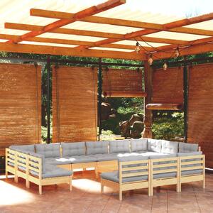 Set mobilier de grădină cu perne, 14 piese, gri, lemn masiv pin