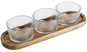 Set 3 boluri din sticla Pufo Ellegance cu suport din lemn pentru aperitive, gustari, fructe