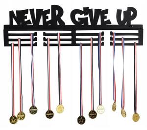 Suport pentru medalii Never give up, fixare pe perete, 12 carlige, negru