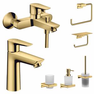 Set baterie cada si baterie lavoar Hansgrohe Talis cu accesorii baie Hansgrohe AddStoris, auriu lucios