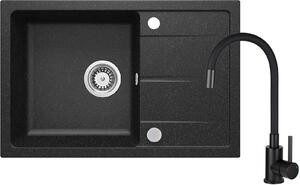 Deante Leda, chiuveta blat granit 1 camera 670x440x164 mm + baterie chiuveta cu brat flexibil N72M negru + sifon, negru, ZRDP2113