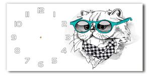 Ceas de perete orizontal din sticlă Cat cu ochelari