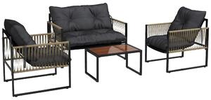 Outsunny Set de Mobilier de Grădină din 4 Piese PE Rattan cu Canapea Dublă, Fotoliu, Măsuță de Cafea din Sticlă, 106x70x72 cm, Gri