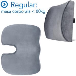 Set Perne Ortopedice Fermitate Regular - Pentru masa corporala sub 80 KG | Perna lombara si Perna sezut Suporto®️ Coccis din spuma cu memorie| Culoare Gri