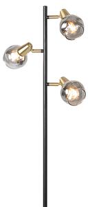 Lampă de podea Art Deco neagră și aurie cu sticlă fumurie cu 3 lumini - Vidro