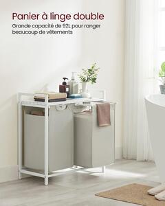 Cos de rufe, cu 2 compartimente, sai de rufe extensibile si detasabile, sortator de rufe, raft, cadru metalic, 2 x 46L, 73 x 33 x 72 cm, alb, VASAGLE