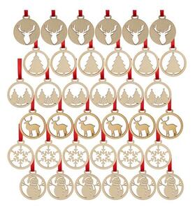 Set 36 decoratiuni pentru bradul de Craciun, 6 modele diferite, diametru 5.5 cm, lemn si panglica