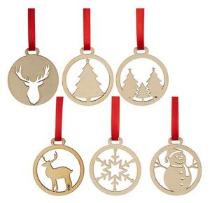Set 36 decoratiuni pentru bradul de Craciun, 6 modele diferite, diametru 5.5 cm, lemn si panglica