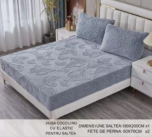 Husa de pat, 2 persoane, cocolino, imprimeu 3D fluturi, 3 piese, cu elastic, 180x200cm, VeluxioHome, gri , HPC356