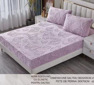 Husa de pat, 2 persoane, cocolino, imprimeu 3D fluturi, 3 piese, cu elastic, 180x200cm, VeluxioHome, mov , HPC359