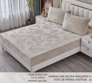 Husa de pat, 2 persoane, cocolino, imprimeu 3D fluturi, 3 piese, cu elastic, 180x200cm, VeluxioHome, crem , HPC352