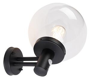 Lampă de perete de exterior neagră cu abajur transparent, cu detector de mișcare - Sfera