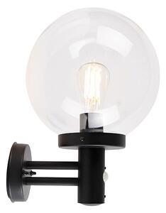 Lampă de perete de exterior neagră cu abajur transparent, cu detector de mișcare - Sfera