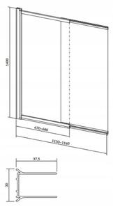 Cersanit Larga, paravan de baie 140x115 cm, sticla transparenta cu aripi duble, profil negru, S932-142
