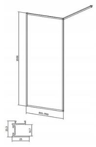 Cersanit Larga, Paravan de dus Walk-In 90x200 cm, sticla transparenta 8mm, profil cromat, S932-135