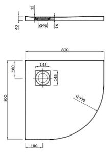 Cadă de duș Cersanit TAKO SLIM 80x80x4 cm + sifon, sfert de cerc, alb, S601-119