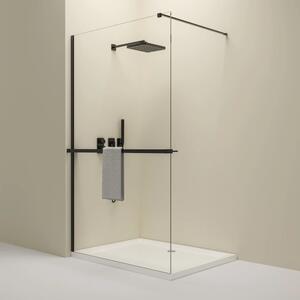 Erga Paris, cabină de duș 50x200 cm cu poliță și suport pentru prosoape, sticlă transparentă 8 mm, profil negru, ERG-V02-PARIS-050x200-CL-BK-BAR