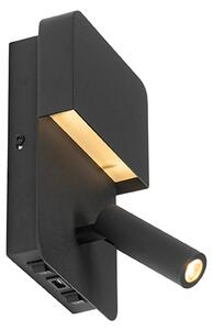 Aplica neagră cu LED inclus cu USB și lampă de citit cu întrerupător - Robin