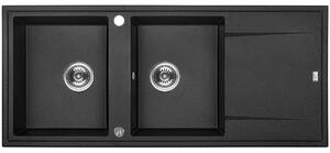 Laveo Megalo, chiuvetă din granit cu 2 camere 1160x500x185 mm cu scurgere lungă, negru, LAV-SBE_721T