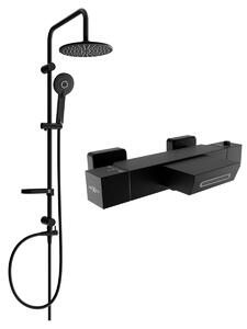Mexen Carl, set de duș cu duș cu efect de ploaie și robinet termostatic pentru baie CUBE, negru mat, 77360240-70