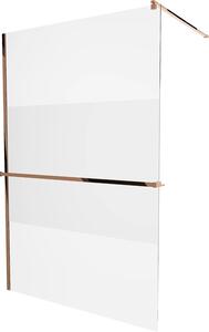 Mexen Kioto+, paravan de duș cu poliță și suport pentru prosoape 140 x 200 cm, model sticlă transparentă de 8 mm, profil auriu roz, 800-140-121-60-35