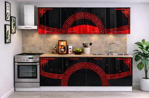 Bucatarie Verona 200 cm Negru Lucios Ornament Rosu