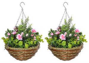 Outsunny Set 2 Ghivece de Agățat cu Plante Artificiale Lisianthus, Suport din Răchită și Bază de Ciment, Ф25x34cm | Aosom Romania