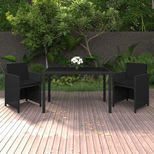 Set de masă pentru grădină cu perne, 3 piese, negru, poliratan