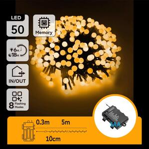 Aigostar - Ghirlandă LED de exterior, 50 LED, 8 funcții, alimentată cu 3x AA, 5,3 m, IP44, alb cald